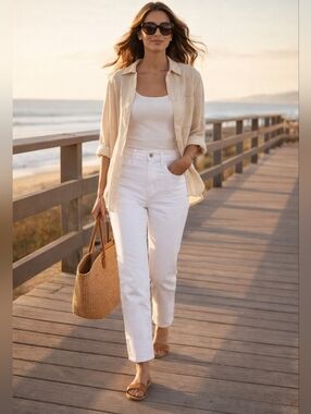 7 For All Mankind Peggi White Straight Leg Jeans Size 31 High Rise Stretch Denim